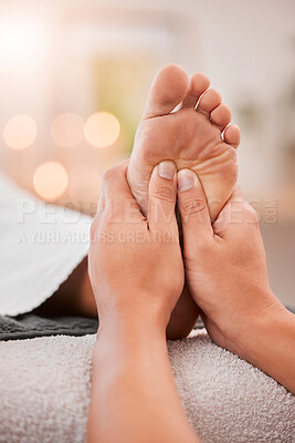 Buy stock photo Foot massage, spa and woman client ready for feet healing, therapy and relax treatment. Physiotherapy, health clinic and employee hands working and massaging skin for stress relief and reflexology 