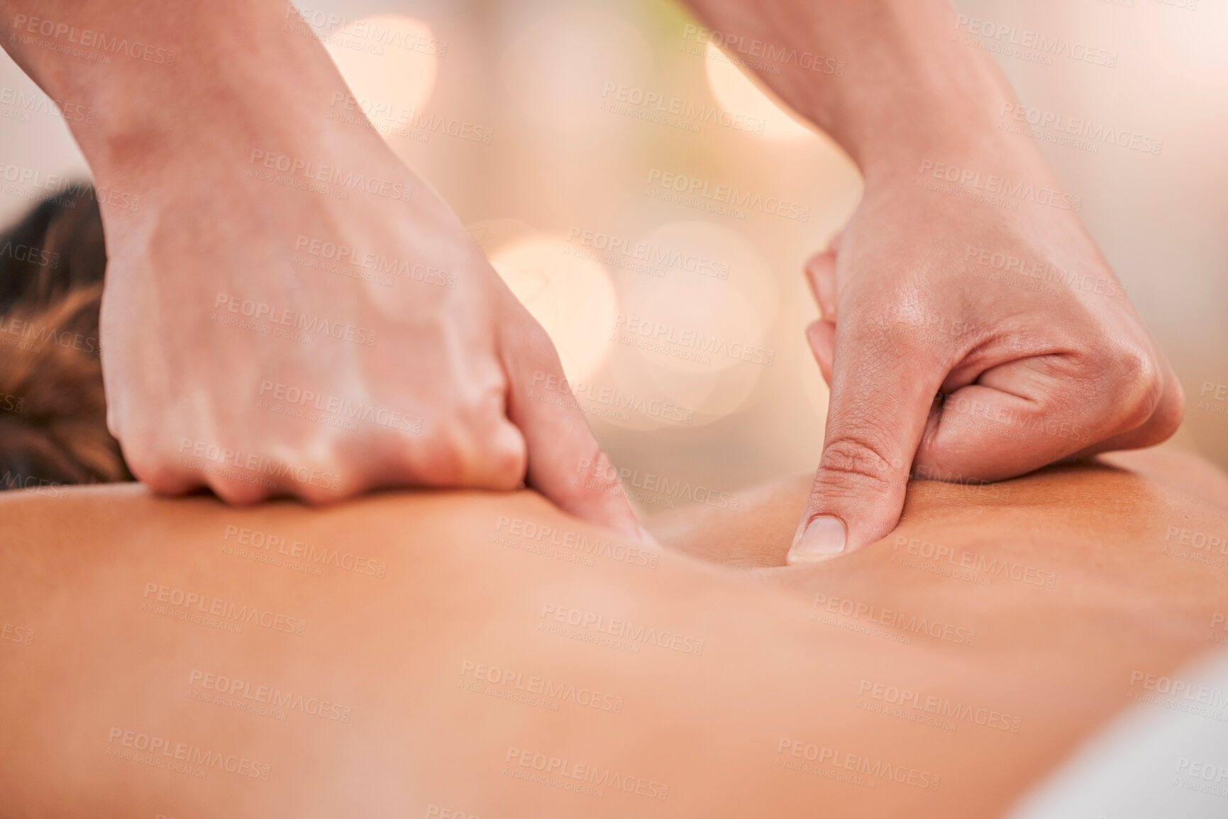 Buy stock photo Massage therapist, hands or back massage on woman in spa muscle relief, pain management or tension release. Zoom, masseur or relax physical therapy in peace or luxury hotel salon for self care health