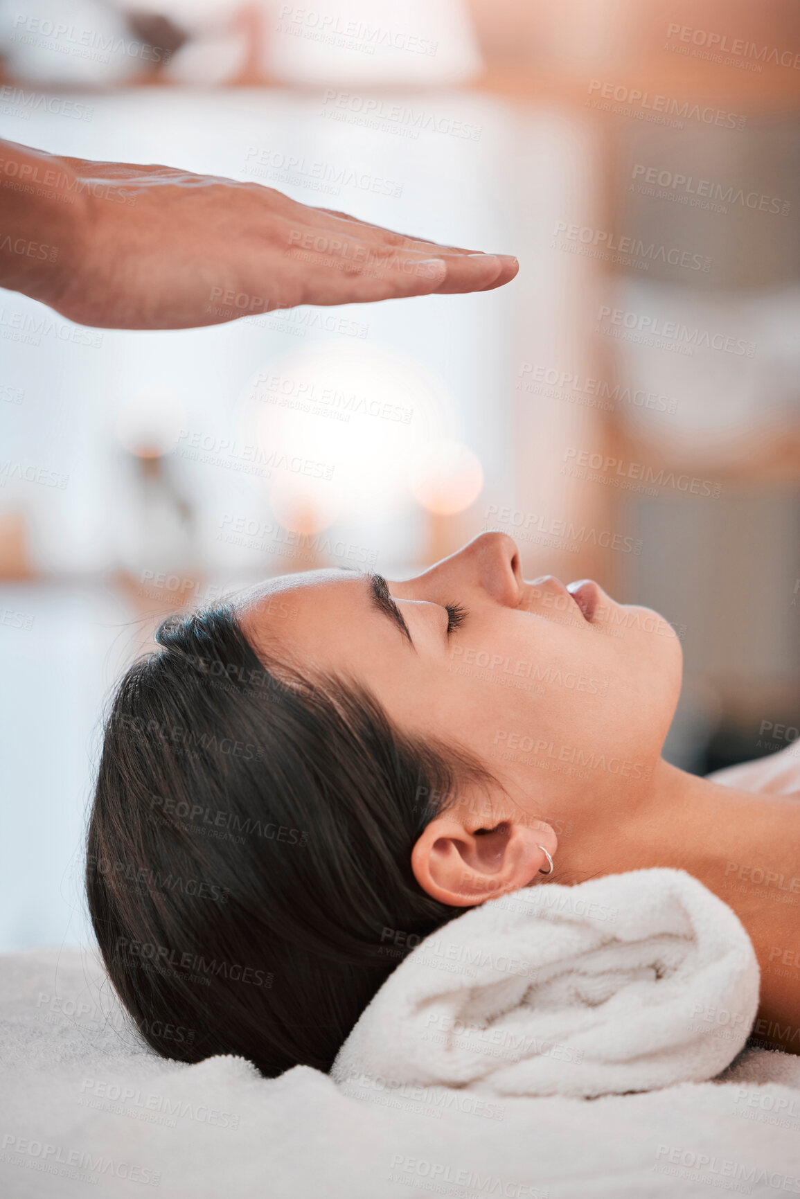 Buy stock photo Reiki, hand and woman at a spa for relax, reiki healing and energy balance, peace and stress relief for wellness, health and mind. Reiki healing, massage and hands of alternative therapy for chakra