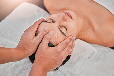 Buy stock photo Woman, hands and head massage in relax spa for healthcare wellness, self care or stress management. Massage therapist, man or masseur with luxury beauty salon client for skincare facial or zen break