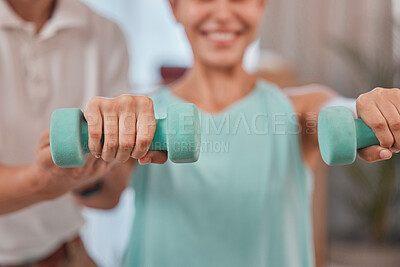 Buy stock photo Woman, hands or dumbbell exercise in physiotherapy, muscle rehabilitation or healthcare wellness for accident or sports injurty recovery. Zoom, physiotherapist or man helping patient in weightlifting