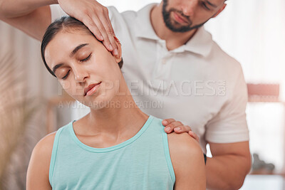 Buy stock photo Physiotherapy, neck pain and stretching with woman and doctor for healthcare, chiropractic or consulting. Massage, wellness or medical with man and patient exam for rehabilitation, healing or therapy