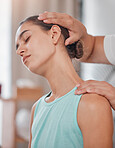 Neck pain, physical therapy and woman with a physiotherapist for a consultation, massage and medical help. Wellness, healthcare and girl at the chiropractor with a muscle injury in rehabilitation