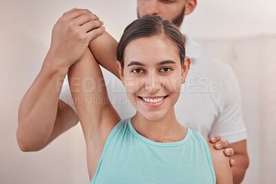 Buy stock photo Physical therapy, woman and physiotherapy of a chiropractor helping with an arm stretch. Portrait of a happy patient in a medical, doctor and spine assessment consultation with a smile about health