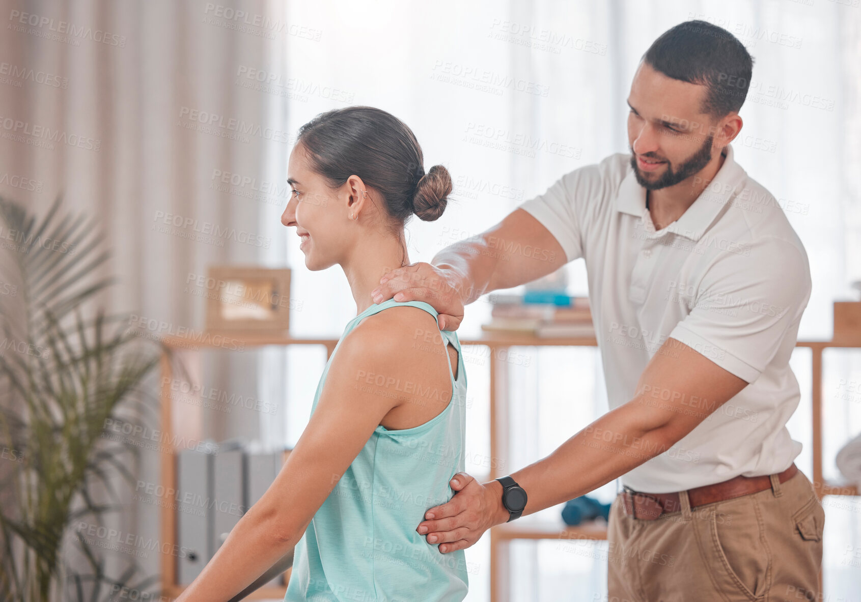 Buy stock photo Chiropractor, woman and massage for physical therapy, health and posture at wellness clinic. Doctor, girl and spine alignment for medical, chiropractic or rehabilitation with help in physiotherapy