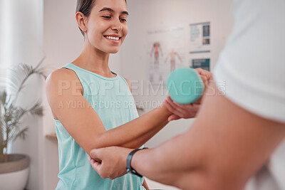 Buy stock photo Physical therapy, physiotherapy and chiropractor do exercise with patient for recovery, healing and rehabilitation for dumbbell arm workout. Chiropractic, injury and orthopedic therapist with woman