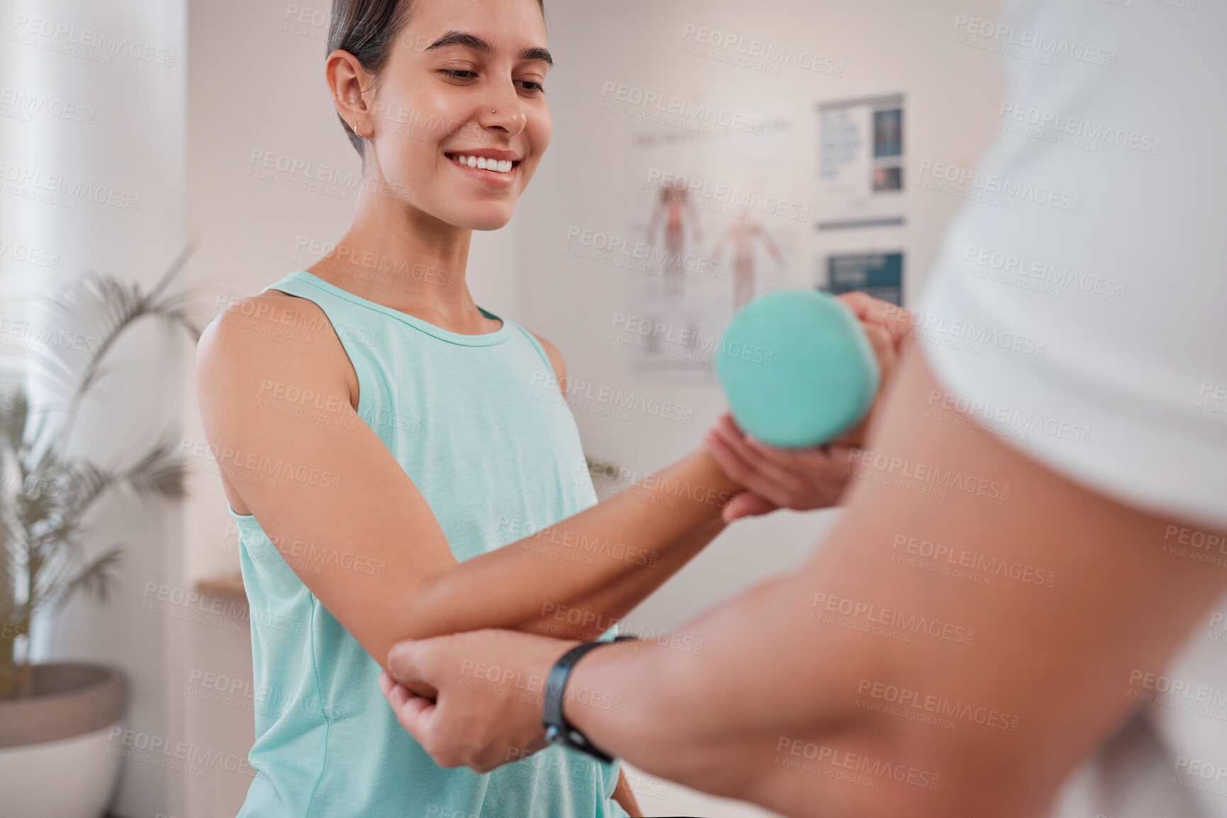 Buy stock photo Physical therapy, physiotherapy and chiropractor do exercise with patient for recovery, healing and rehabilitation for dumbbell arm workout. Chiropractic, injury and orthopedic therapist with woman