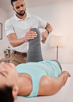 Buy stock photo Physiotherapy, stretching and leg with woman and doctor for chiropractor, rehabilitation or orthopedic healthcare. Medical, exercise and healing with patient and man for consulting, help or training