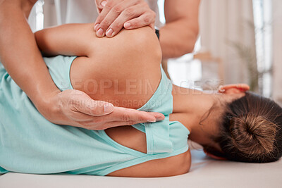 Buy stock photo Woman, hands or back pain physiotherapy in sports clinic, wellness healthcare or muscle rehabilitation center. Patient, athlete and physiotherapist in back injury treatment or medical insurance help