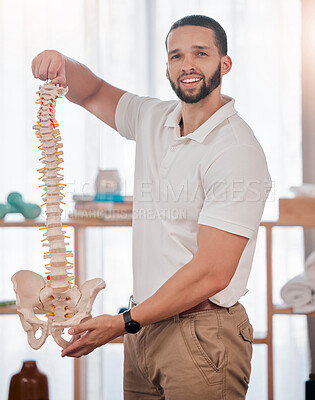 Buy stock photo Chiropractor, spine of skeleton and portrait of doctor for healthcare, medical and orthopedic anatomy. Physiotherapy, surgery and medicine with man and backbone for vertebra, spinal or insurance