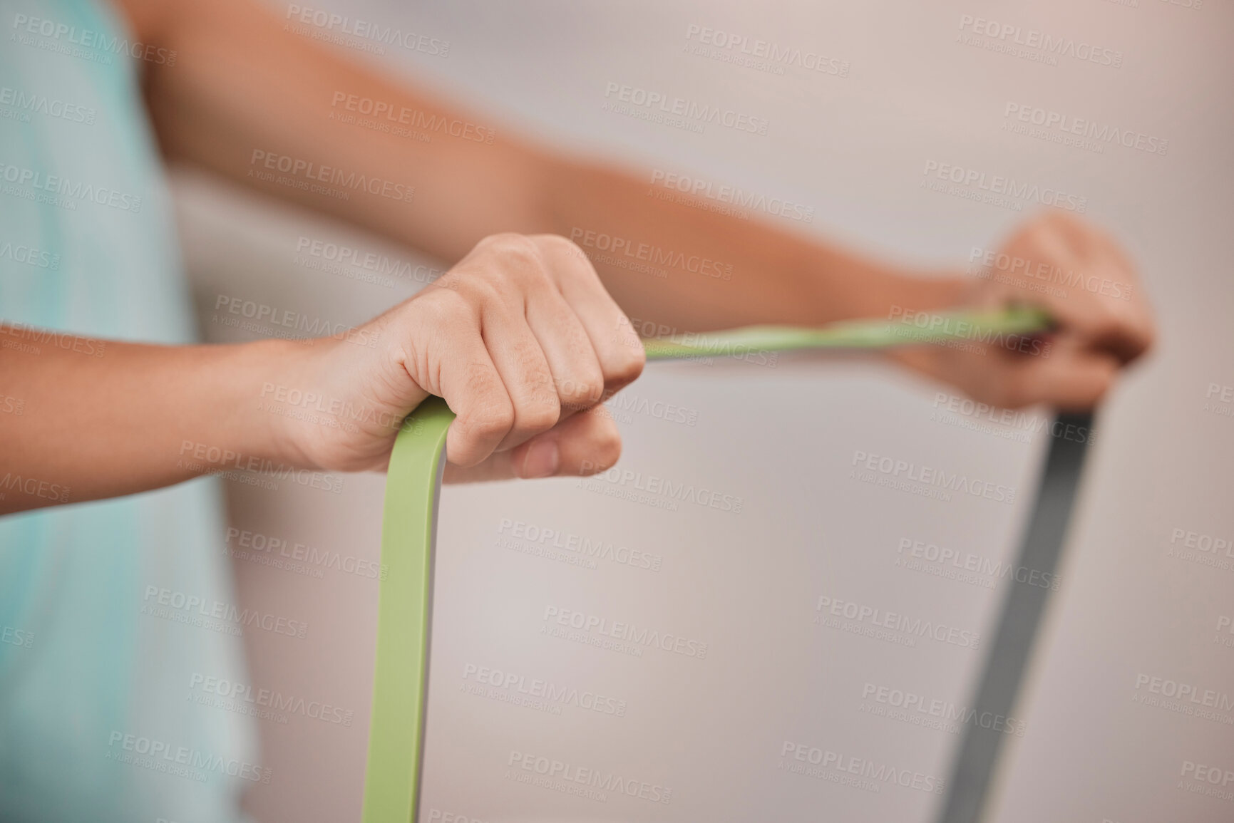 Buy stock photo Woman, hands or physiotherapy with resistance band in muscle rehabilitation, pain relief or strong muscle growth after surgery. Zoom, sports athlete or physical therapy with stretching band in clinic