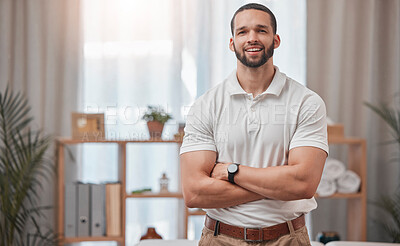 Buy stock photo Physiotherapist, spa and chiropractor man employee portrait ready for physiotherapy and consultation. Happy physical therapy and support worker feeling proud from health therapy clinic success