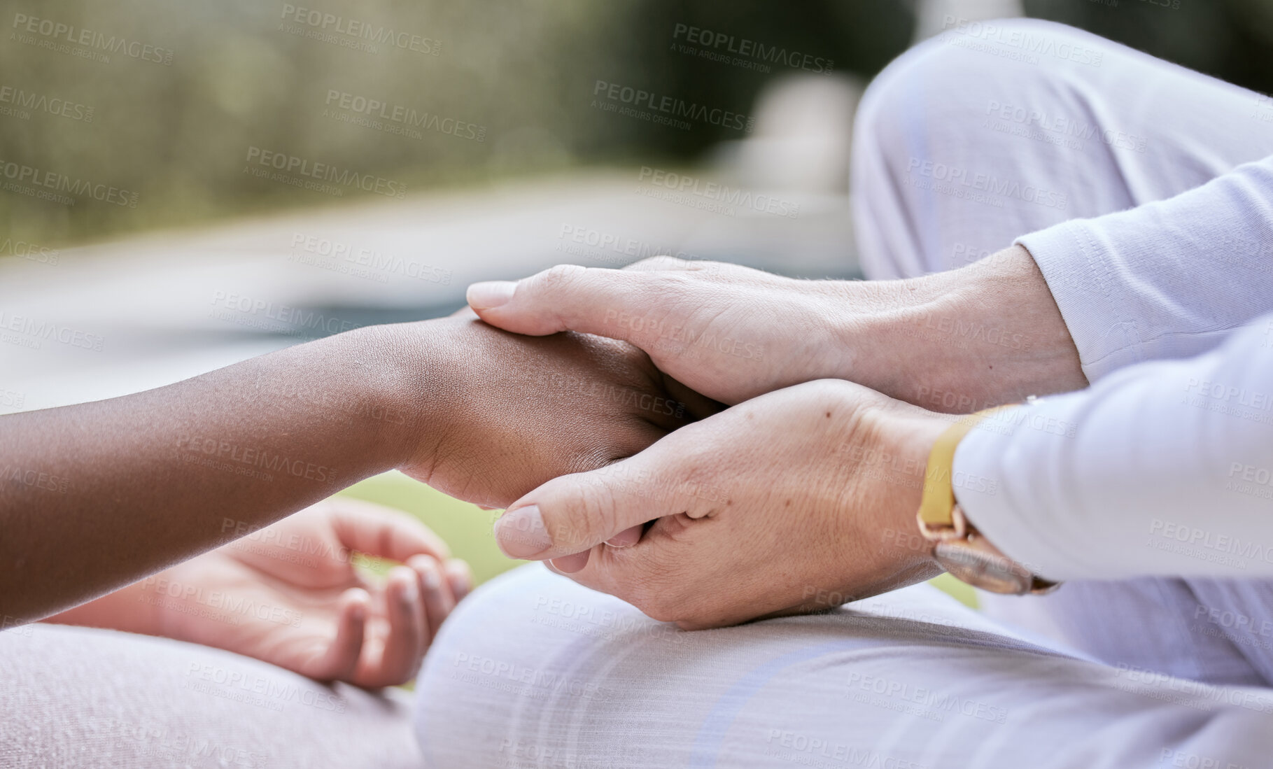 Buy stock photo Love, support and mother holding hands with child for trust, safety and hope for foster care or adoption. Hands, diversity and interracial family connect in hope, advice and peace while bonding