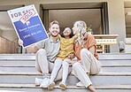 Real estate sign, happiness and interracial family with a smile about property and new home sale. Portrait of a sold moving  poster of a father, child and adoptive girl feeling happy about mortgage