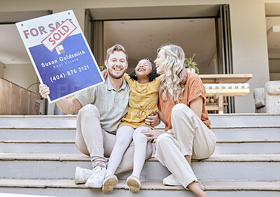 Buy stock photo Family, buy house and sold sign with a smile about property and new real estate sale. Portrait of a moving poster of a diverse father, child and adopted girl feeling happy about mortgage together
