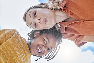 Buy stock photo Happy, mother and child smile with a interracial family outdoor with a smile bonding. Portrait of a laughing, silly and funny faces of a mom and adoptive girl with love, care and happiness together