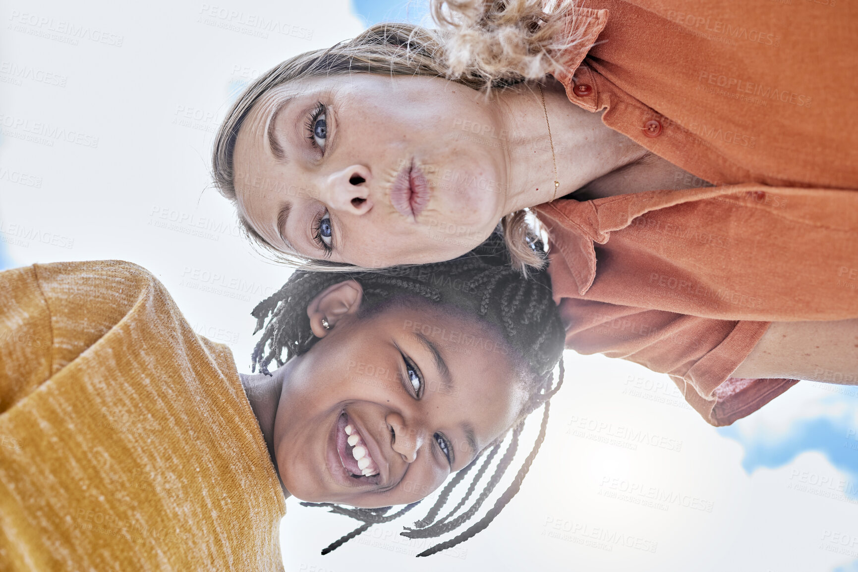 Buy stock photo Happy, mother and child smile with a interracial family outdoor with a smile bonding. Portrait of a laughing, silly and funny faces of a mom and adoptive girl with love, care and happiness together