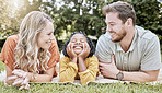 Family, diversity and children with foster parents and adopted daughter together in a park during summer. Kids, love and adoption with a mother, father and happy girl bonding outdoor in nature