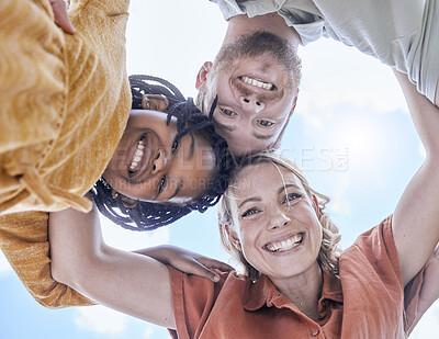 Buy stock photo Love, bottom and happy family hug from adoption child, mother and father bonding, have fun and enjoy quality time together. Happiness, huddle and blue sky portrait of black child, dad and mom playing