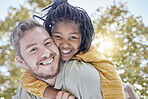 Portrait of father piggy back foster care girl in park for fun, bonding and quality time with love, care and happiness together. Adopted black kid relax with dad, diversity and happy family in garden