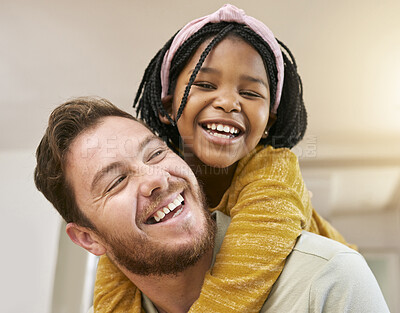 Buy stock photo Father, black girl and piggy back in home having fun and bonding. Family love, adoption and care of happy man carrying foster child in house, enjoying quality time together and playing with a smile.