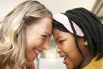 Buy stock photo Bonding, love and girl with a foster mother for safety, care and happiness in a family home. Foster care, happy and African girl with a smile for her mom on mothers day, playful and crazy together