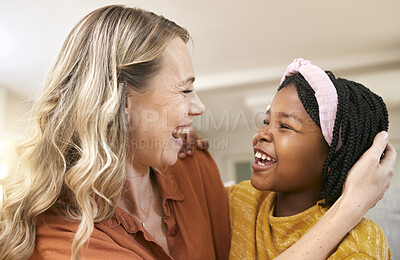 Buy stock photo Love, mother and adoption girl, hug and happy together with smile and bonding in home. Family, mama and black child with embrace, support and happiness with proud female parent and connect with kid