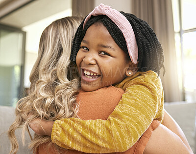 Buy stock photo Hug, mother and adopted black girl in living room of house, foster home or orphanage in support, trust and security. Portrait, smile or foster mom with happy child, kid or youth in thank you embrace