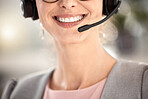 Call center face, mouth and smile of telemarketing woman, customer service office or communication agency. Closeup happy sales consultant, receptionist and customer support, contact us and consulting