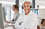 Portrait, call center and customer service worker happy working in telemarketing office with headset and computer. Customer support consultant, smile employee and crm communication in sales company