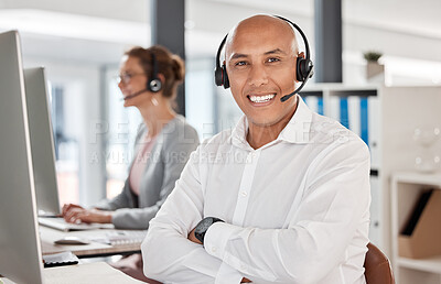 Buy stock photo Portrait, call center and customer service worker happy working in telemarketing office with headset and computer. Customer support consultant, smile employee and crm communication in sales company