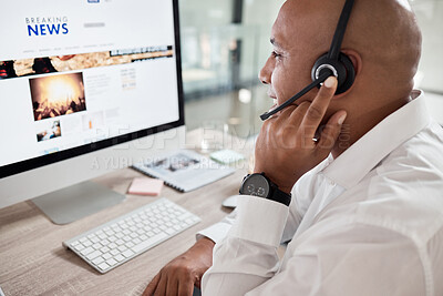 Buy stock photo Call center, man and computer with online news advice for customer service communication. Hotline, operator and crm or contact us telemarketing agent talking on a helpline headset in contact center