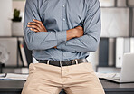 Business man, arms crossed and corporate manager, financial leadership or trader in modern office. Closeup crossed arms of businessman ceo or accountant working with pride on goals in startup company