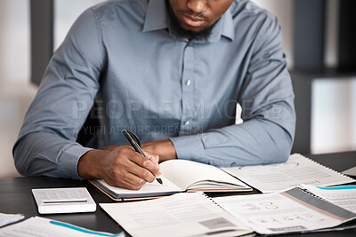 Buy stock photo Businessman, hands or notebook writing in financial planning of advertising company or creative marketing startup. Worker, paper documents or finance research for target audience or kpi growth budget