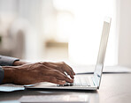 Closeup, hands and typing on laptop with black man at desk for email, communication or digital marketing in office. Zoom, businessman hand and keyboard on computer for strategy, planning or research