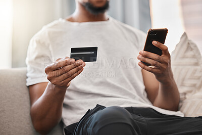 Buy stock photo Credit card, online shopping or ecommerce, man with smartphone and payment, shop with mobile bank app. Buying, electronic purchase with internet banking, finance and technology, transaction and pay.