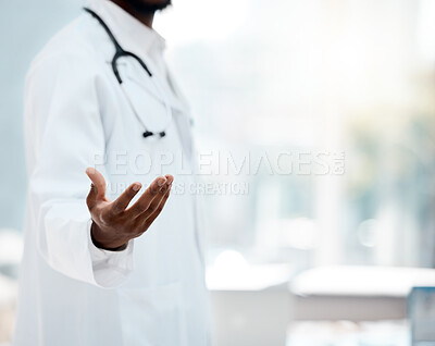 Buy stock photo Doctor, helping hand and black man in hospital for healthcare and medicine professional with trust and stethoscope mockup. Help in health care clinic, support and care in medical profession.