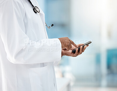 Buy stock photo Phone, hands and doctor on a medical app or healthcare website typing or texting hospital research feedback. Digital, internet and health care worker networking online via an email to a patient 