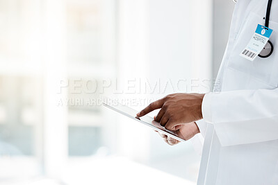 Doctor, hands and tablet in healthcare research, diagnosis or prescription for medical results at the hospital. Hands of professional GP working on touchscreen for health telecommunication at clinic