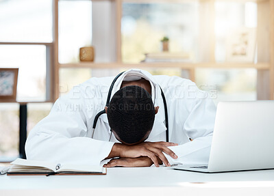 Buy stock photo Doctor, tired and stress in office with anxiety, depression or headache in hospital, workplace or work room. Burnout, sad and mental health medic with laptop for medical, healthcare or clinic job