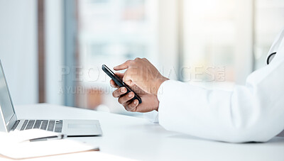 Buy stock photo doctor, laptop and hands with phone for online communication in hospital office. Man, healthcare innovation and medical science doctor or cardiology research on internet tech mobile smartphone