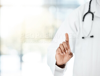 Buy stock photo Black man, doctor or finger pointing hand in hospital, wellness clinic or healthcare center for compliance, stop or protocol on mockup. Zoom, healthcare worker or insurance employee and medical rules