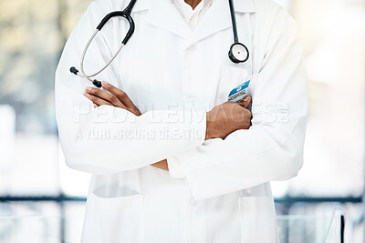 Buy stock photo Closeup, healthcare and doctor with arms crossed, stethoscope and confidence in hospital. Medical professional, uniform and consultant healthy, in clinic and medicine for wellness and surgery.  