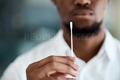 Buy stock photo Doctor, hands and covid test swab for appointment, examination or results for healthcare at the hospital. Hand of medical professional holding nasal pcr sample for testing corona virus or diagnosis