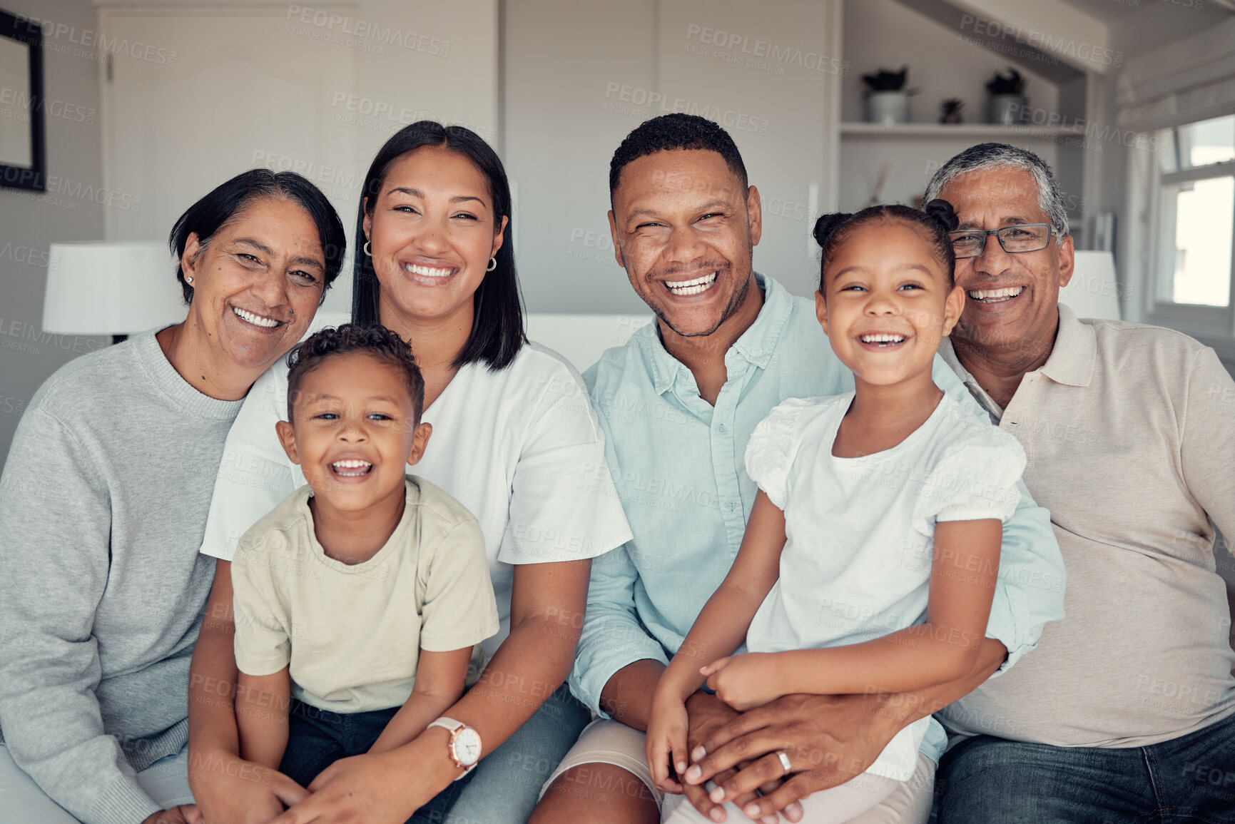 Buy stock photo Grandparents, parents and children, family with love and generations in happiness portrait with relationship and bonding in family home. Happy, big family and smile together spending quality time.