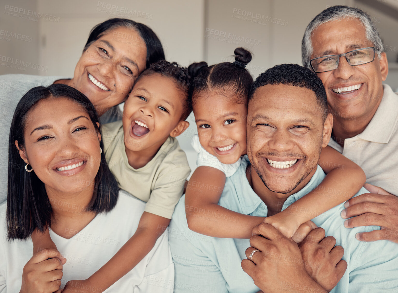 Buy stock photo Big family, portrait and children hug parents in Costa Rica home with happy grandparents on retirement. Mother, father and care of kids together in house with senior grandmother and grandfather.