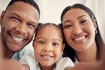Buy stock photo Happy family, portrait and smile for home selfie in joyful happiness for bonding or relaxing together. Mother, father and child face smiling for photo, picture or capture moments of family time