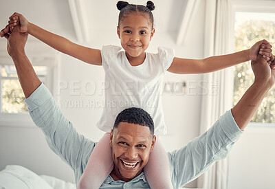 Buy stock photo Home, love and girl on dad shoulder having fun, playing and bonding together for quality time. Affection, black family and portrait of young child and father in living room on weekend in family home