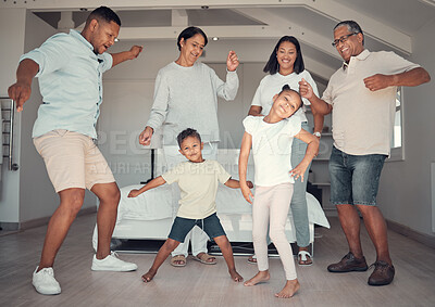 Buy stock photo Big family, fun and dance to music in the living room in home, happy and smile together. Children, grandparents or parents dancing, love or crazy people enjoy bonding, audio and relationship in house