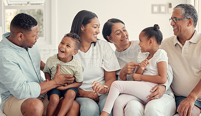 Buy stock photo Love, black family and happy together, with smile and bonding for quality time, loving and on sofa. Grandparents, mother and father with children, for happiness and positive to connect and in lounge.